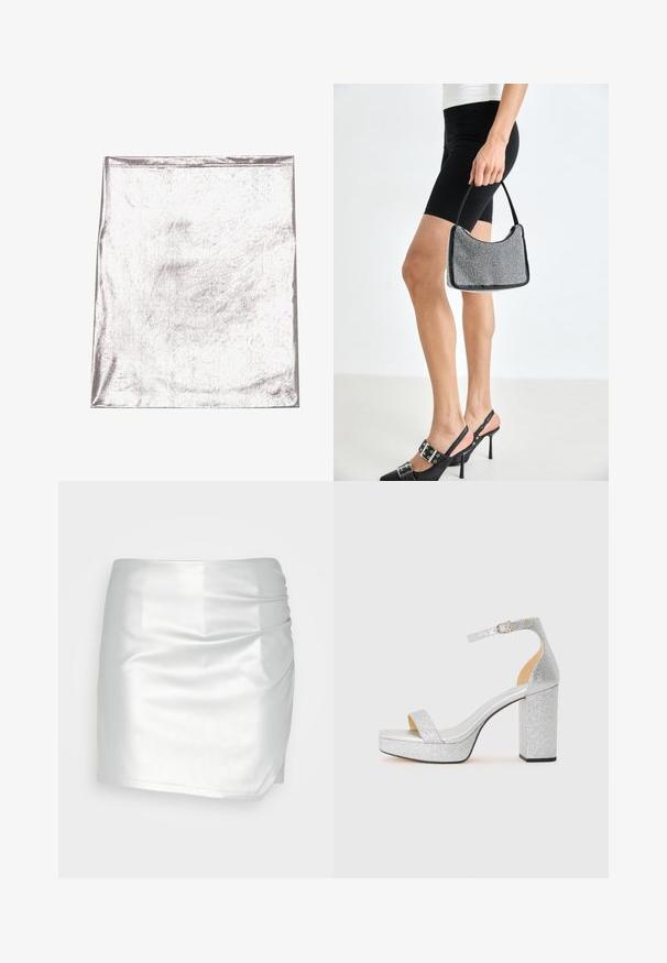 Metallic sølv stof med en glat tekstur og let glans. Rektangulær form, kanter pænt syet, ingen fremtrædende mønstre eller detaljer.; Even&Odd Shorts - silver; Sølv glitrende højhælede sandal med bred blokhæls, åben tå og justerbar ankelrem. Glat indvendigt og tekstureret udvendigt.; Sort perlehandtaske med en buet silhuet, bærehåndtag og blank overflade. Båret med højhælede sorte sko og tætsiddende sorte shorts.