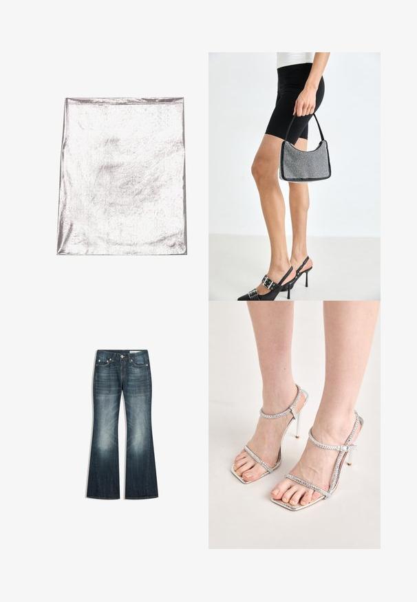 Metallisch silberner Stoff mit glatter Textur und leichtem Schimmer. Rechteckige Form, Kanten ordentlich genäht, keine auffälligen Muster oder Akzente.; Dunkelblaue Bootcut-Jeans mit verwaschenen Bereichen an Oberschenkeln und Knien, Fünf-Taschen-Design und Metall-Knopfleiste.; Füße, die silberne High-Heelsandalen mit dünnen Riemen und quadratischen Zehen tragen, stehen auf einer hellen Oberfläche.; Schwarze Perlen-Handtasche mit geschwungener Silhouette, Tragegriff und glänzender Textur. Kombiniert mit schwarzen High Heels und enganliegenden schwarzen Shorts.