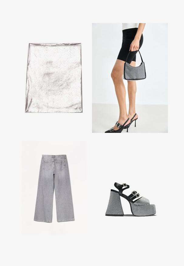 Metallic sølv stof med en glat tekstur og let glans. Rektangulær form, kanter pænt syet, ingen fremtrædende mønstre eller detaljer.; Grå brede jeans med høj talje, der har en glat tekstur, to baglommer og subtile syninger.; Sort og sølv platform sandal med tre rhinstenbesatte spænderemmen og en bred, tekstureret blokhæl.; Sort perlehandtaske med en buet silhuet, bærehåndtag og blank overflade. Båret med højhælede sorte sko og tætsiddende sorte shorts.