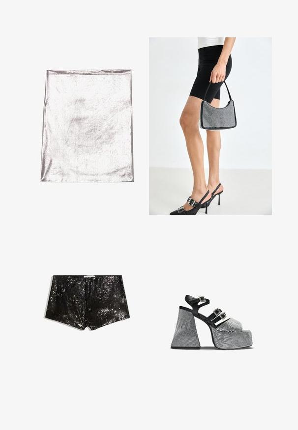 Metallic sølv stof med en glat tekstur og let glans. Rektangulær form, kanter pænt syet, ingen fremtrædende mønstre eller detaljer.; Sorte pailletshorts med en tætsiddende design. Har glitrende pailletter, glat tekstur og en taljeelastik for en sikker pasform.; Sort og sølv platform sandal med tre rhinstenbesatte spænderemmen og en bred, tekstureret blokhæl.; Sort perlehandtaske med en buet silhuet, bærehåndtag og blank overflade. Båret med højhælede sorte sko og tætsiddende sorte shorts.