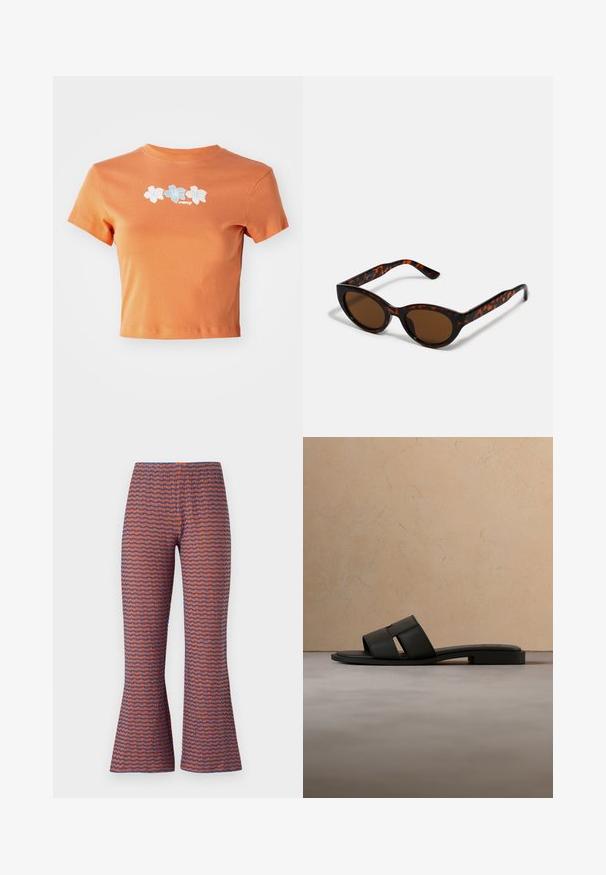 Korte, gecropte oranje t-shirt van katoen met korte mouwen, voorzien van witte en lichtblauwe geborduurde bloemen over de voorkant.; Geprinte flared broek met een golfontwerp in oranje en blauw, gemaakt van textuurstof met een elastische tailleband voor comfort.; Zwarte leren slides met brede bandjes en platte zool, zwevend boven een beige tapijt en bank op de achtergrond.; Bruine schildpad zonnebril met een vintage cat-eye vorm en bruine lenzen. Heeft gebogen armen met rode accenten.