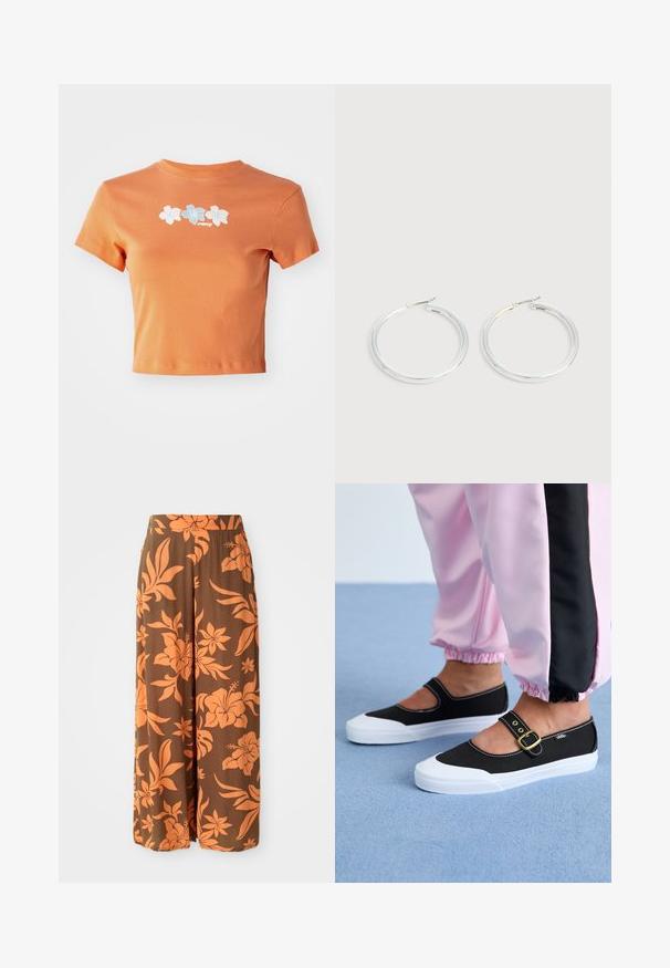 Camiseta naranja recortada de algodón con mangas cortas, que presenta flores bordadas en blanco y azul claro en la parte delantera.; Pantalones de pierna ancha marrones con un patrón floral naranja. Textura suave con una cintura alta y bolsillos laterales. Diseño casual y fluido.; Zapatillas de lona negras con suela blanca, con un diseño recortado y una correa con hebilla dorada. Combinadas con pantalones de chándal rosas.; Pareja de pendientes de aro plateados brillantes con cierres de alambre delgado, mostrados sobre un fondo gris claro.