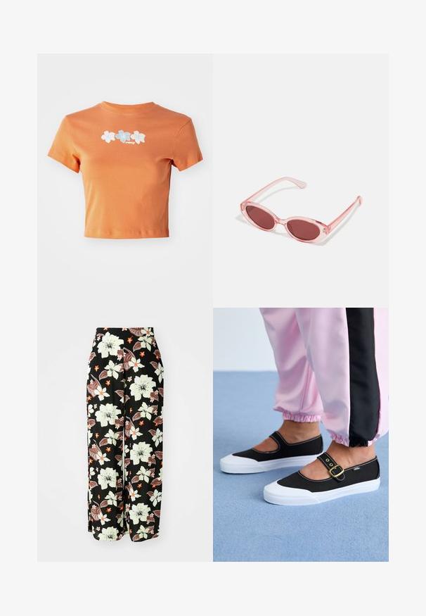 Kraftig orange T-shirt lavet af bomuld med korte ærmer, der prydes af hvide og lyseblå broderede blomster over forsiden.; Sorte blomstrede bukser med store hvide, orange og brune blomster, med et løst, bredt ben-design og blødt, letvægtsstof.; Sorte lærredssko med en hvid sål, der har et udskæringsdesign og et guldspænde. Bæret med lyserøde træningsbukser.; Lyserøde transparente solbriller med ovale linser, mørkerød toning og slanke stænger, der har en glat overflade og diskret detaljering på rammen.