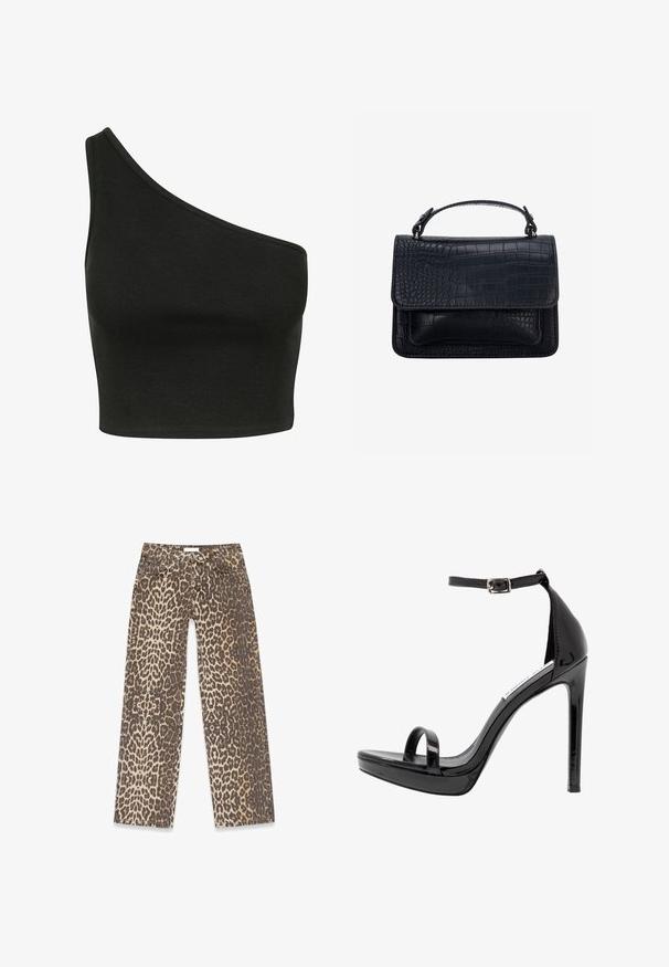 Sort ribbet crop top med et asymmetrisk en-skulder design. Stoffet ser blødt ud med en glat tekstur og en tætsiddende silhuet.; Leopardskindede denimjeans med en neutral beige og brun farvepalet, lige ben-design og traditionelle lomme-detaljer.; Steve Madden MILANO - Højhælede sandaletter / Højhælede sandaler - black; Sort håndtaske med krokodilletekstur, rektangulært form, topklap og et enkelt kort håndtag.