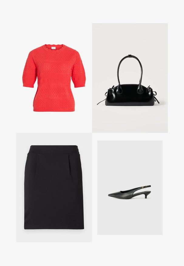 Jersey de punto rojo coral de manga corta con patrones de rombos y canalé y escote redondo.; Falda lápiz negra hasta la rodilla con una cinturilla amplia y sutiles pinzas frontales, hecha de tela suave.; Zapato de tacón slingback negro de punta afilada, hecho de cuero suave. Presenta un tacón delgado y un detalle de hebilla en la correa ajustable.; Pequeño bolso negro brillante con dos asas largas y detalles de cordón lateral sobre un fondo claro liso.