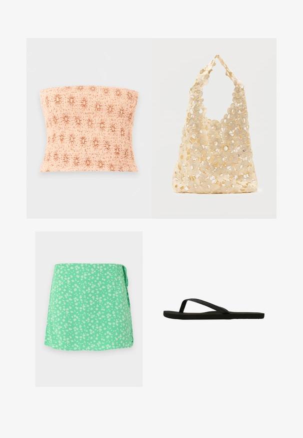 Haut bandeau beige froncé avec un motif général d'étoiles brunes, sur un fond gris clair uni.; Jupe portefeuille vert menthe avec petit imprimé floral blanc et fermeture nouée sur le côté, présentée à plat sur un fond clair.; Tong noir avec une lanière texturée et une semelle plate. La lanière présente une légère brillance. Design simple, léger et forme flexible.; Sac fourre-tout en crochet beige avec un motif floral ajouré, présentant de grandes et petites fleurs ainsi qu'une poignée simple en boucle.
