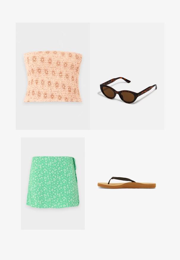 Behåfri, rynket beige tube-top med et brunt stjernemønster over hele på en ensfarvet lys grå baggrund.; Mintgrøn slå-om nederdel med lille hvidt blomsterprint og sidesløjfe, vist fladt på en lys baggrund.; Brune flettede rem flip-flop med en blød sål og tan fodseng, der har et afrundet design og struktureret gummisål for godt greb.; Brune skildpadde solbriller med en vintage katteøje-form og brune linser. Har buede arme med røde detaljer.