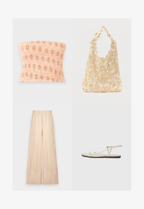 Behåfri, rynket beige tube-top med et brunt stjernemønster over hele på en ensfarvet lys grå baggrund.; Beige viddebukser med tekstureret stof og elastisk taljebånd, vist fladt på en neutral baggrund.; Beige flad sandal med flere slanke stropper og en justerbar spænde. Sålen er flad med en let mørkere kontrast ved kanten.; Beige hæklet shoppertaske med åbent blomsterdesign, der indeholder store og små blomster samt et enkelt løkkehåndtag.