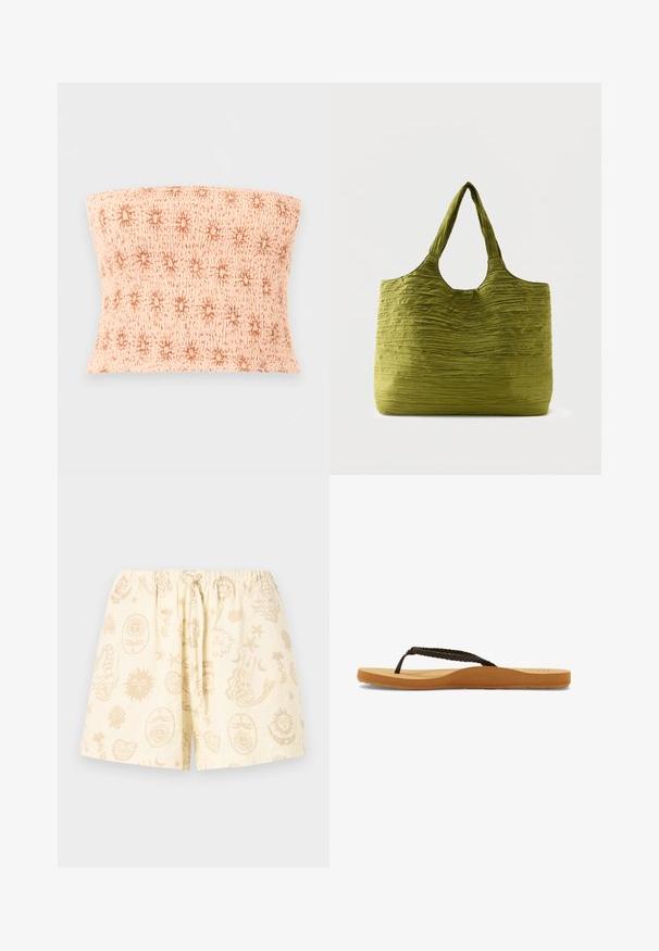 Trägerloses, gerafftes beiges Bustier mit einem durchgehenden braunen Sternmuster auf einem einfarbigen hellgrauen Hintergrund.; Cremefarbene Shorts mit elastischem Bund und Kordelzug, verziert mit beigen abstrakten Sonnen-, Mond-, Muschel- und Meerjungfrauenmustern.; Braune geflochtene Riemchenflip-Flops mit einer weichen Sohle und einem beigefarbenen Fußbett, das ein rundes Design aufweist und eine strukturierte Gummisohle für besseren Halt bietet.; Grüne Tragetasche aus strukturiertem, zerknittertem Stoff mit breiten Griffen, vor schlichtem hellem Hintergrund dargestellt.