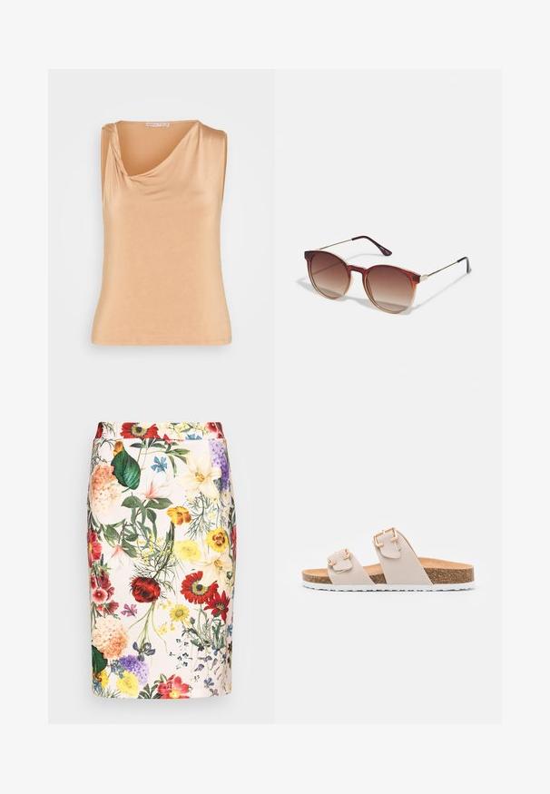 Anna Field Top - light brown; Falda lápiz floral con una mezcla de flores coloridas sobre un fondo claro, tejido suave, diseño de largo medio y silueta ajustada.; Sandalias deslizantes beige con dos correas ajustables y hebillas en tono dorado. Plantilla de corcho con una suela exterior de goma blanca texturizada.; Gafas de sol redondas con lentes de gradiente marrón, una montura de acetato carey y acentos de metal dorado en el puente y las patillas.