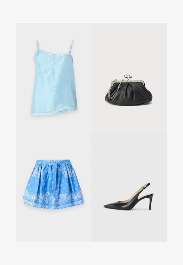 Camisole en satin bleu clair avec des bretelles spaghetti, ornée de dentelle le long de l'encolure et de l'ourlet, et d'une silhouette décontractée en A.; Jupe bleue à plusieurs couches avec des motifs paisley et floraux blancs, avec une ceinture en tissu nouée à la taille.; Escarpins en cuir noir avec une pointe fine, une bride ajustable et un talon aiguille élégant, présentant une finition lisse.; Porte-monnaie en cuir noir avec texture froncée, cadre en métal argenté, fermeture à verrouillage kiss-lock et bandoulière en chaîne. Surface lisse et douce.