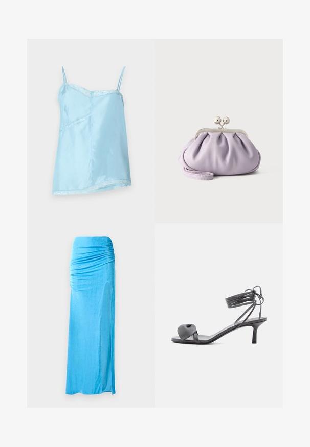 Lys blå satin camisole med spaghetti stropper, der har blondekant langs halsudskæringen og kanten, samt en afslappet A-linje silhuet.; Blå velour maxi meget med sammensyninger ved taljen, med en sideslids og glat tekstur for en flydende silhuet.; Grå læder sandal med hæl, knyttet rem ved tæerne og snørebånd, der vikles om anklen, på slank mellemhøj hæl mod hvid baggrund.; Blød lavendel clutch med opsamlet stof, sølv kiss-lock lås og matchende håndledsrem på en ensfarvet lys baggrund.