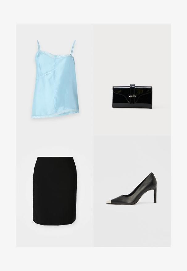 Lichtblauwe satijnen camisole met spaghettibandjes, voorzien van kant langs de halslijn en zoom, en een ontspannen, A-lijn silhouet.; Zwarte pencil rok met een gladde textuur, rechte vorm en een lengte tot de knie. Geen zichtbare patronen of hardwaredetails.; Zwarte leren hoge hak met een spits toelopende neus en een metalen zilverkleurige kap. Heeft een gladde afwerking en een slanke hak van 10 cm.; Zwart glanzend rechthoekig portemonnee met een voorstrik en zilveren metalen sluiting, geplaatst tegen een effen witte achtergrond.