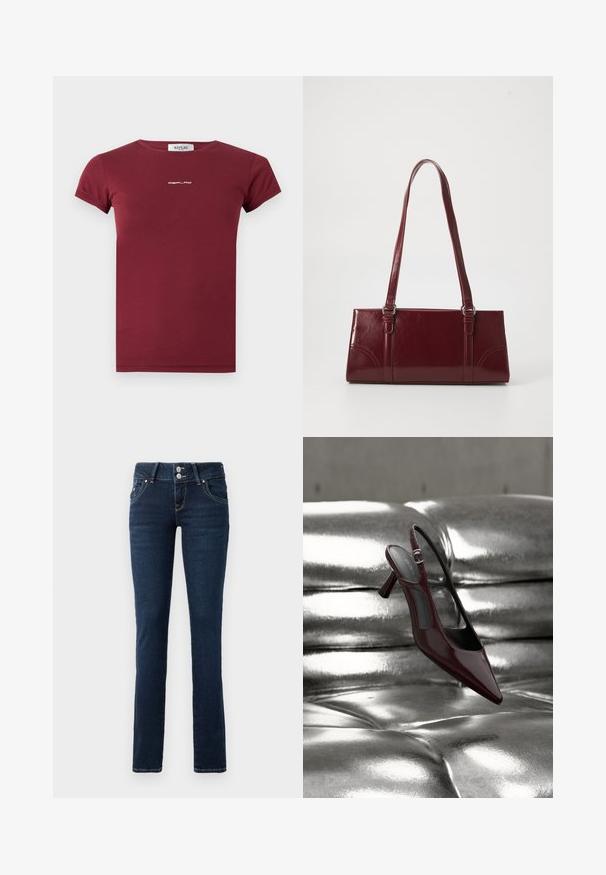 Bourgogne kortærmet T-shirt med rund hals og lille hvid "REPLAY"-logo centreret på brystet.; Mørkeblå skinny jeans med dobbeltknaplukning, frontlommer og gule syninger på hvid baggrund.; Blank mørkerød slingback højhælet sko med spids tå, vist på en skinnende sølvfarvet polstret læderoverflade.; Bordeaux håndtaske lavet af glansfuldt materiale, rektangulær form, med to skulderremme og subtile buede detaljer på forsiden.