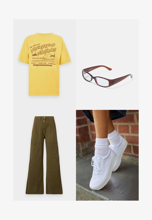 T-shirt en coton jaune avec un motif graphique comprenant le texte « Sunseekers Paradise » et des éléments de plage. Manches courtes et col rond.; Pantalon large kaki à taille haute, fermeture avant à quatre boutons, et grandes poches plaquées rectangulaires sur les cuisses.; Baskets en toile blanches avec semelles en caoutchouc, dotées de six œillets, d'un bout rond et de détails de couture légers, portées avec des chaussettes blanches mi-mollet.; Lunettes rectangulaires teintées de brun avec une finition brillante, dotées de branches fines et de verres transparents. Logo visible sur la branche gauche.