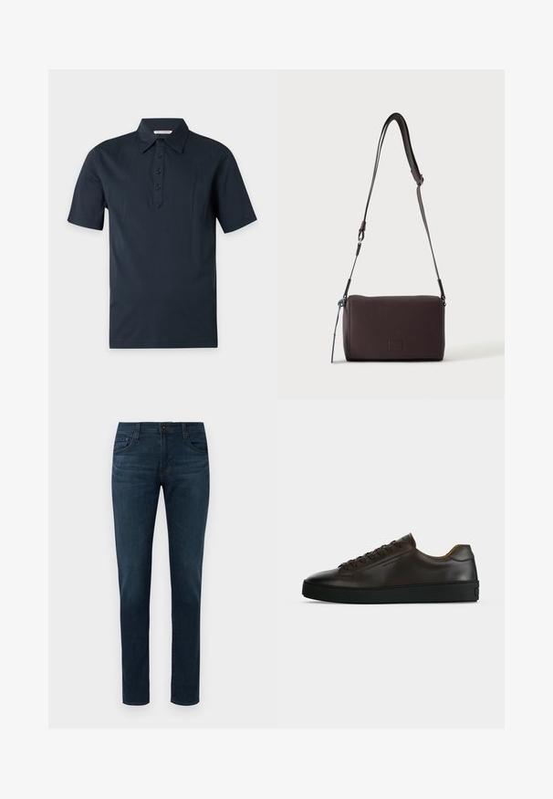 Polo noir à manches courtes avec col et quatre boutons sur la patte de boutonnage, présenté sur un fond clair uni.; Jean slim-fit bleu foncé avec cinq poches, bouton à l'avant et fermeture éclair, présenté sur un fond blanc.; Baskets basses en cuir marron foncé avec semelle en caoutchouc noire, lacets à l'avant et design minimaliste épuré sur fond clair.; Sac bandoulière en cuir marron foncé texturé avec une sangle réglable et un petit accent décoratif bleu sur le côté.