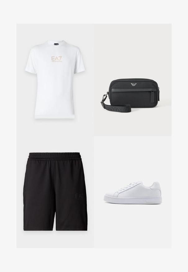 Weißes Baumwoll-T-Shirt mit Rundhalsausschnitt und kurzen Ärmeln, mit einem goldenen EA7 Emporio Armani-Logo auf der Vorderseite.; Schwarze Sportshorts aus leichtem Material, mit elastischem Bund und seitlichen Netzpaneelen. Markenlogo auf der Vorderseite gedruckt.; Weiße Ledersneaker mit glatter Textur, runder Zehenform, Schnürung vorne und flacher Gummisohle. Mit eingeprägtem Branding an der Ferse.; Schwarze rechteckige Armbanduhr-Tasche mit vorderer Reißverschlusstasche, silbernem Logo-Emblem und abnehmbarem Riemen mit gebrandetem Text.