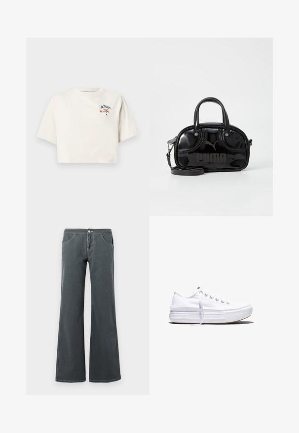 Kortærmet, crop-top t-shirt i cremefarvet bomuld. Har et farverigt motiv med teksten "Volcom" og mønstre af pizza og regnbuer.; Grå jeans med vidde, lavet af denim med en glat tekstur. Funktioner inkluderer en knaplukning, bælteløkker og forlommer.; Hvid lavt snørestøvle med tyk plateau-sål, snørelukning foran og gummiforstærket tåkap, set i sideprofil.; Sort lakeret håndtaske med dobbelte top-håndtag, aftagelig skulderrem, rund form og et fremtrædende præget "PUMA"-logo.