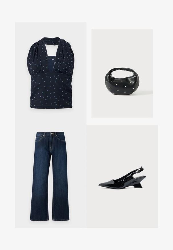 Námornícky modrý halter top s svetlomodrými bodkami, zozbieraný pod prsiami, s hlbokým výstrihom do V a rebrovanou textúrou.; Široké tmavomodré džínsy vyrobené z džínoviny, s zipovým zapínaním, gombíkovým uzáverom a dvoma prednými vreckami s kontrastným prešitím.; Čierna lakovaná slingback topánka so špicatou špičkou a nízkym šikmým blokovým opätkom na jednoduchom svetlom pozadí.; Čierna kožená kabelka s zaobleným tvarom, zdobená striebornými cvočkami a krátkym rúčkou. Hladká textúra a zapínanie na zips.