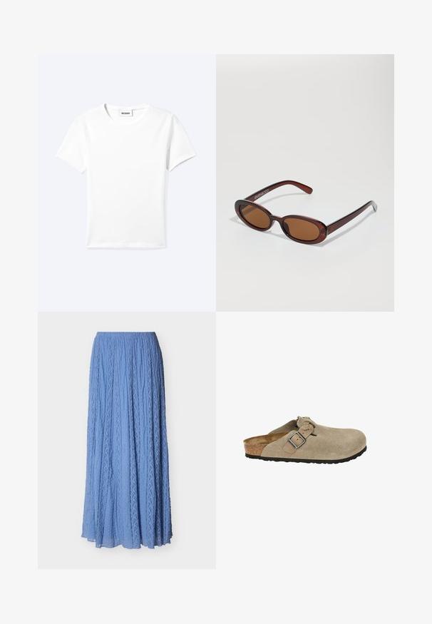 Camiseta blanca lisa de manga corta con cuello redondo y una pequeña etiqueta "WEEKDAY" dentro del cuello, mostrada extendida sobre un fondo claro.; Falda larga plisada en azul claro con franjas verticales de encaje texturizadas y cintura elástica.; Zuecos de ante beige con punta redondeada, correa ajustable y hebilla, media suela de corcho y suela de goma negra texturizada para mayor tracción.; Gafas de sol redondas con tinte marrón y un marco burdeos brillante. Patillas delgadas con un sutil detalle de marca. Diseño de lentes planos.