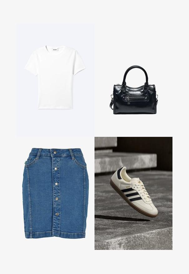 Effen wit T-shirt met korte mouwen en ronde hals met een klein "WEEKDAY" label aan de binnenkant van de hals, plat neergelegd op een lichte achtergrond.; Denim rok met een sluiting aan de voorkant met knopen, een aansluitend ontwerp, lichtblauwe kleur en subtiele stiksels.; Witte Adidas Samba sneaker met zwarte strepen en gumzool, zwevend boven gestructureerde grijze betonnen treden.; Zwarte glanzende leren handtas met twee handvatten, voorvak met rits en afneembare schouderriem op witte achtergrond.