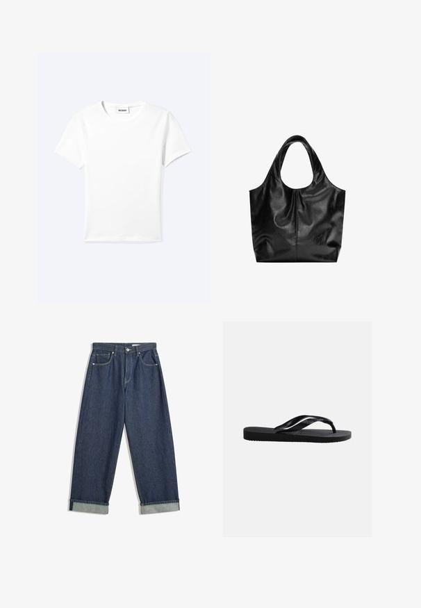 Effen wit T-shirt met korte mouwen en ronde hals met een klein "WEEKDAY" label aan de binnenkant van de hals, plat neergelegd op een lichte achtergrond.; Donkerblauwe wijde denim jeans met opgerolde mouwen, voor knoop en rits, riemlussen en vijf zakken.; Zwarte rubberen flip-flopsandaal met gestructureerde zool en gladde bandjes, zijaanzicht tegen een effen lichtgrijze achtergrond.; Zwarte leren tote bag met een gladde textuur, een zachte ronde bovenkant en brede handvatten. Kenmerkt zich door minimale stiksels en een slungelige silhouet.