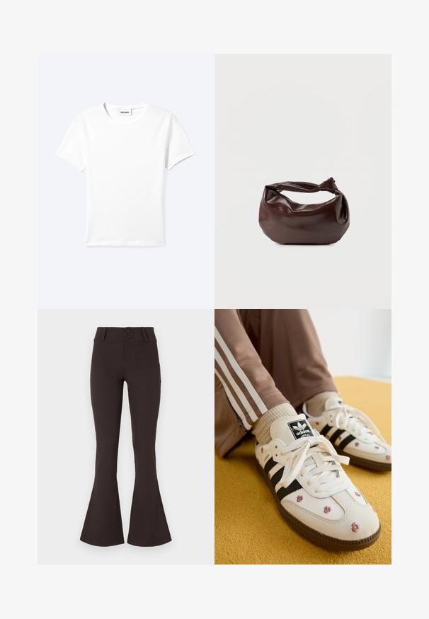 Camiseta blanca lisa de manga corta con cuello redondo y una pequeña etiqueta "WEEKDAY" dentro del cuello, mostrada extendida sobre un fondo claro.; Pantalones acampanados marrones hechos de tela elástica. Presentan una cintura alta con dos botones y una textura suave. Sin patrones ni adornos.; Zapatillas de piel blanca con tres rayas negras y bordado floral en púrpura y amarillo. Suela de goma marrón. Combinadas con calcetines beige con canalé.; Bolso de hombro de cuero marrón oscuro con una forma suave y caída, y un asa con nudo torcido sobre un fondo blanco liso.