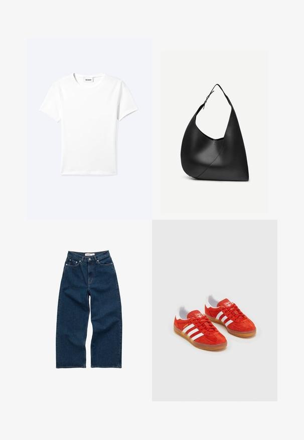 Einfaches weißes T-Shirt mit kurzen Ärmeln und Rundhalsausschnitt sowie kleinem "WEEKDAY"-Etikett im Nacken, flach auf einem hellen Hintergrund präsentiert.; Dunkelblaue, weit geschnittene Jeans aus Denim mit hoher Taille, Knopfverschluss, fünf Taschen und kontrastierenden Nähten.; Rote Wildleder-Sneaker mit weißen Streifen, Gummi-Sohle, gepolstertem Kragen und Logo auf der Zunge. Klassisches Design mit strukturiertem Obermaterial.; Schwarze Leder-Schultertasche mit geschwungener dreieckiger Form, einem verstellbaren Einzelriemen und sichtbarer diagonaler Naht auf der Vorderseite.