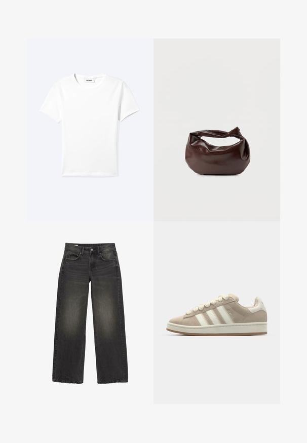 Einfaches weißes T-Shirt mit kurzen Ärmeln und Rundhalsausschnitt sowie kleinem "WEEKDAY"-Etikett im Nacken, flach auf einem hellen Hintergrund präsentiert.; Schwarze Jeans mit weitem Bein, ausgebleichten Details, Frontknopf, Reißverschluss und fünf Taschen, flach auf weißem Hintergrund liegend.; Hellbeige Wildlederschuhe mit weißen Lederstreifen und -schnürsenkeln, Gummisohle, gepolstertem Kragen und strukturierten Details auf der Oberseite.; Dunkelbraune Lederschultertasche mit weicher, lockerer Form und einem gedrehten Knotengriff vor schlichtem weißem Hintergrund.