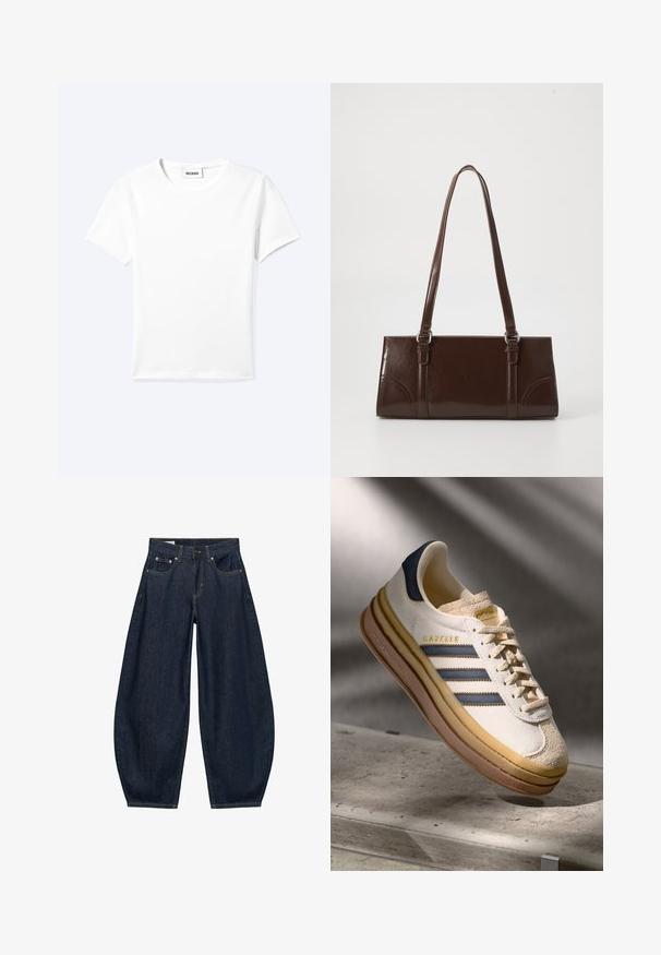 Ensfarvet hvid t-shirt med korte ærmer og rund halsudskæring med en lille "WEEKDAY" label indeni halskanten, vist fladt på en lys baggrund.; Mørkeblå vidde jeans med frontlommer, bæltestropper og knaplukning i taljen.; Adidas Gazelle sneaker med en creme farvet ruskindsoverdel, blå læderdetaljer, tre blå striber, beige mellemsål og brune gummisål.; Brun lakeret håndtaske med rektangulær form, to lange håndtag og subtile buede detaljer på fronten.