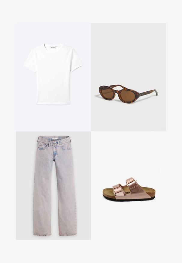 Camiseta blanca lisa de manga corta con cuello redondo y una pequeña etiqueta "WEEKDAY" dentro del cuello, mostrada extendida sobre un fondo claro.; Vaqueros de mezclilla de lavado claro con corte de pierna recta, con diseño de cinco bolsillos, cierre de doble botón y descolorido mínimo.; Sándal de piel vegana rosa con dos correas ajustables con hebilla, plantilla de corcho y suela de goma negra. Diseño minimalista con un perfil plano.; Gafas de sol ovaladas de carey con lentes tintadas marrones descansando sobre una superficie blanca.