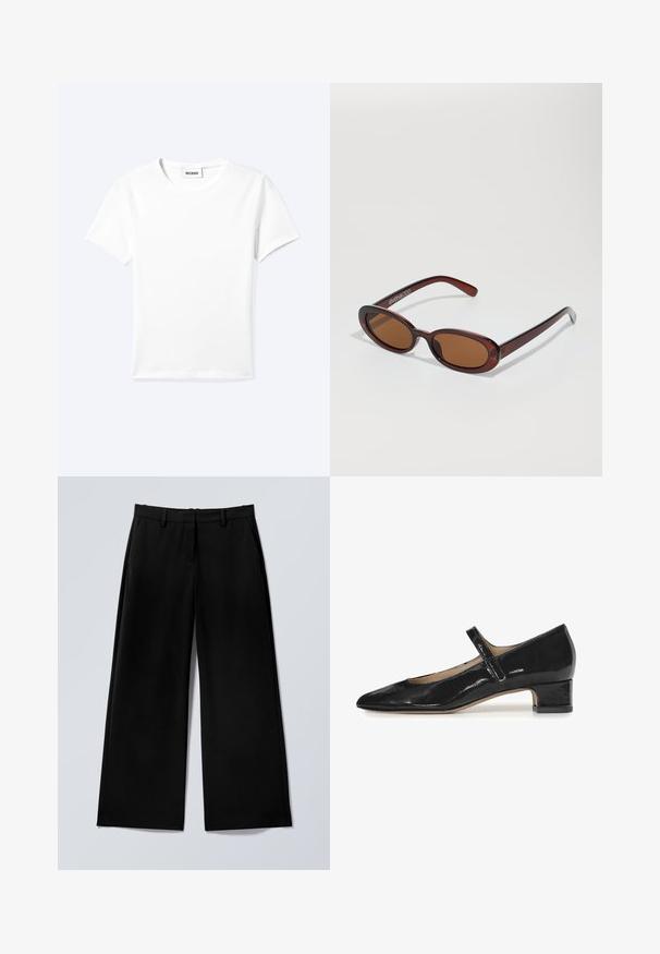 Camiseta blanca lisa de manga corta con cuello redondo y una pequeña etiqueta "WEEKDAY" dentro del cuello, mostrada extendida sobre un fondo claro.; Pantalones negros de pierna ancha con trabillas para cinturón y bolsillos laterales, mostrados planos sobre un fondo gris claro.; Zapato Mary Jane de charol negro con punta afilada y un tacón bajo en bloque. Presenta una única correa ajustable sobre el empeine.; Gafas de sol redondas con tinte marrón y un marco burdeos brillante. Patillas delgadas con un sutil detalle de marca. Diseño de lentes planos.