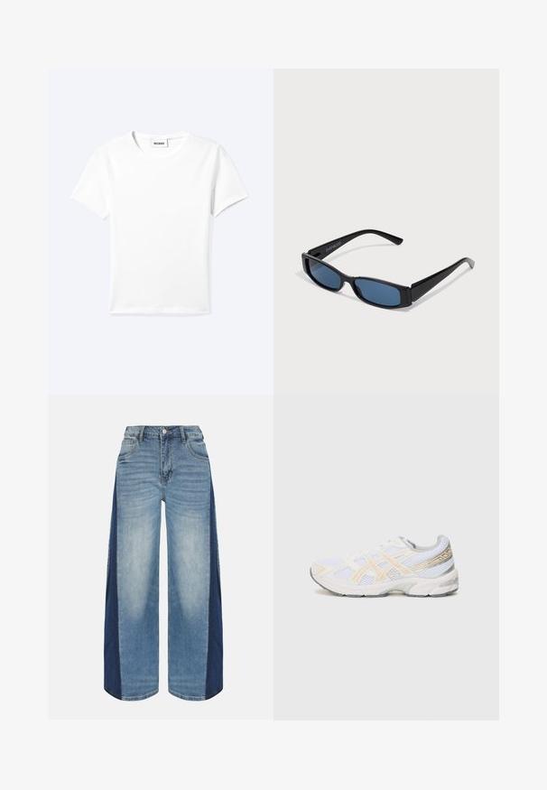 Effen wit T-shirt met korte mouwen en ronde hals met een klein "WEEKDAY" label aan de binnenkant van de hals, plat neergelegd op een lichte achtergrond.; Wijd uitlopende spijkerbroek met lichte voorkanten en donkerdere zijpanelen, voorste knoop, ritssluiting en voorzakken.; Witte sportschoen van mesh-materiaal, met lichtoranje en grijze accenten, een gestructureerde zool en een gevoerde kraag voor comfort.; Zwarte zonnebril met een slank rechthoekig frame en blauwe lenzen. Heeft een gladde textuur en stevige pootjes. Merklogo aan de zijkant.