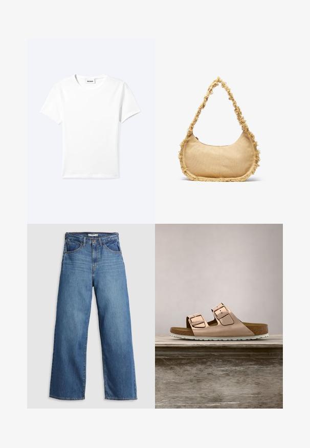 Effen wit T-shirt met korte mouwen en ronde hals met een klein "WEEKDAY" label aan de binnenkant van de hals, plat neergelegd op een lichte achtergrond.; Blauwe denim wijdvallende jeans met hoge taille, voorzien van vijf zakken, contrasterende stiksels en een ritssluiting.; Roze-gouden slidersandalen met twee verstelbare metalen gespen, kurken voetbed en witte rubberen zool. Gladde metalen afwerking, open teen ontwerp.; Geverfde beige tas met een ronde vorm, rafelige rand langs de randen en een korte schouderband. Ritsopening aan de bovenkant.