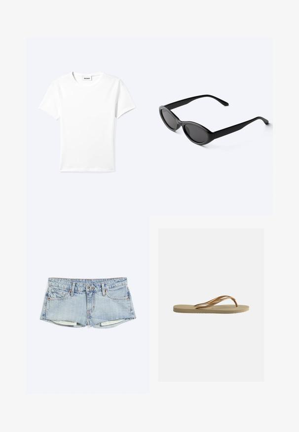 Effen wit T-shirt met korte mouwen en ronde hals met een klein "WEEKDAY" label aan de binnenkant van de hals, plat neergelegd op een lichte achtergrond.; Lichtblauwe denimshorts met rafelige zoom, knoopsluiting aan de voorkant, voor- en muntenzakken, plat gelegd op een witte achtergrond.; Beige teenslipper met gestructureerde zool en bronzen metalen Y-vormige banden op een witte effen achtergrond.; Strakke zwarte ovale zonnebril met donkere glazen en rechte pootjes, rustend op een wit oppervlak.