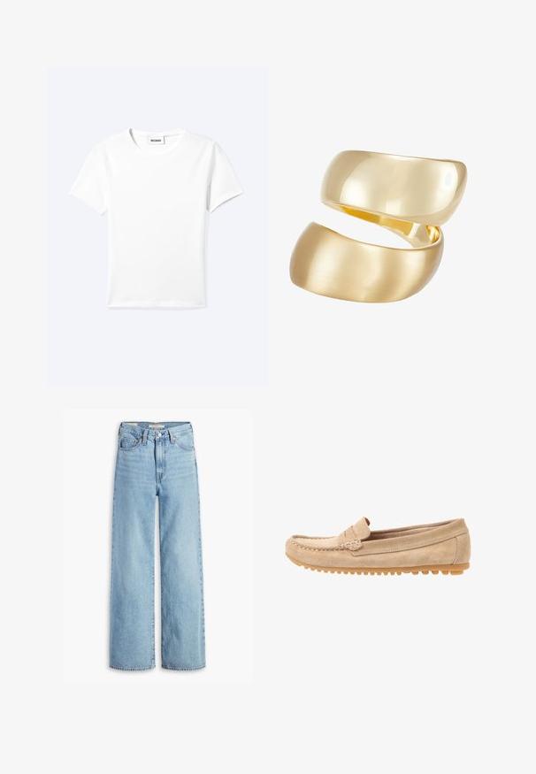 Camiseta blanca lisa de manga corta con cuello redondo y una pequeña etiqueta "WEEKDAY" dentro del cuello, mostrada extendida sobre un fondo claro.; Jeans de pierna ancha de talle alto, de un azul claro, con botón y cremallera en el frente, lazos para cinturón y estilo de cinco bolsillos.; Mocasines de ante beige con punta redondeada, con detalles de costura y suela de goma que presenta pequeños salientes para tracción. Vista lateral.; Anillo en tono dorado que presenta dos bandas entrelazadas; la parte superior es pulida y reflectante, mientras que la parte inferior tiene un acabado mate.
