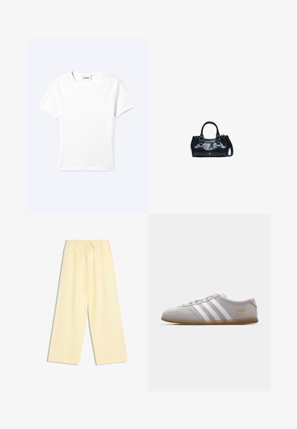 T-shirt blanc uni à manches courtes et col rond avec une petite étiquette "WEEKDAY" à l'intérieur de l'encolure, présenté à plat sur un fond clair.; Pantalon ample jaune pâle à jambes larges avec taille élastique et cordon de serrage, sans motifs ni poches visibles.; Baskets en daim gris avec des rayures en cuir blanc et un logo doré. Semelle en gomme plate, bout rond et design classique à lacets.; Sac à main en cuir noir avec deux poignées supérieures, boucles décoratives et une bandoulière amovible sur fond blanc.