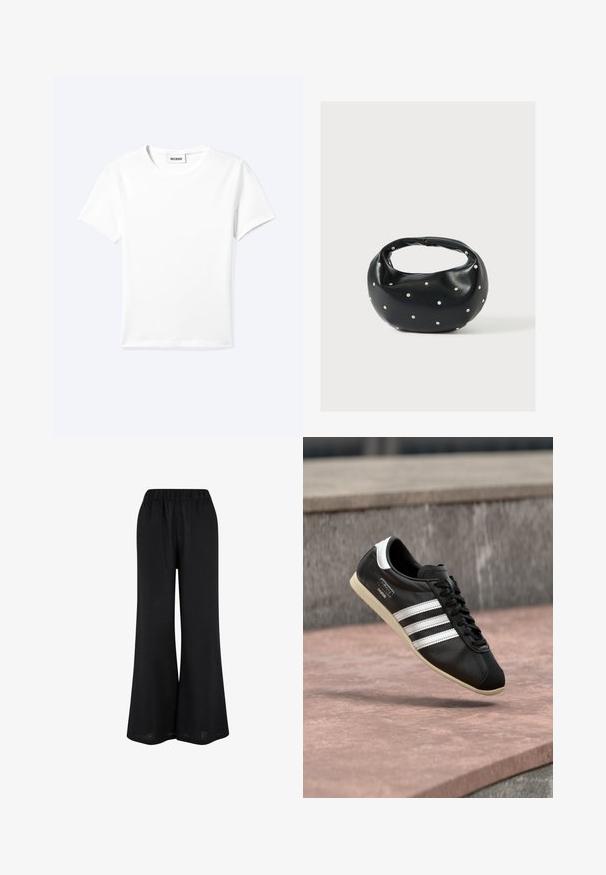 Camiseta blanca lisa de manga corta con cuello redondo y una pequeña etiqueta "WEEKDAY" dentro del cuello, mostrada extendida sobre un fondo claro.; Pantalones de pierna ancha negros, fabricados con un tejido ligero. Cuentan con una cinturilla elástica y un diseño fluido hasta el suelo.; Zapatilla deportiva de cuero negro con rayas y suela blancas, atada con cordones, flotando sobre una superficie de concreto rosada con una pared de piedra gris al fondo.; Bolso de mano de cuero negro con forma redondeada, decorado con detalles de tachuelas plateadas y un asa corta. Textura lisa y cierre con cremallera.