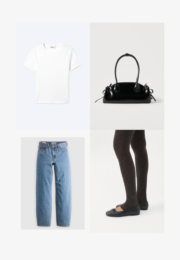 Ensfarvet hvid t-shirt med korte ærmer og rund halsudskæring med en lille "WEEKDAY" label indeni halskanten, vist fladt på en lys baggrund.; Lysblå denim jeans med lige ben-design, fem lommer, lynlås og en subtil falmet tekstur. Klassisk stil med minimal hardware.; Ben iført mørke ribbede leggings kombineret med sorte balletsko med små sløjfedetaljer på hvid baggrund.; Lille sort blank håndtaske med to lange håndtag og snøre-detaljer i siden på en ensfarvet lys baggrund.