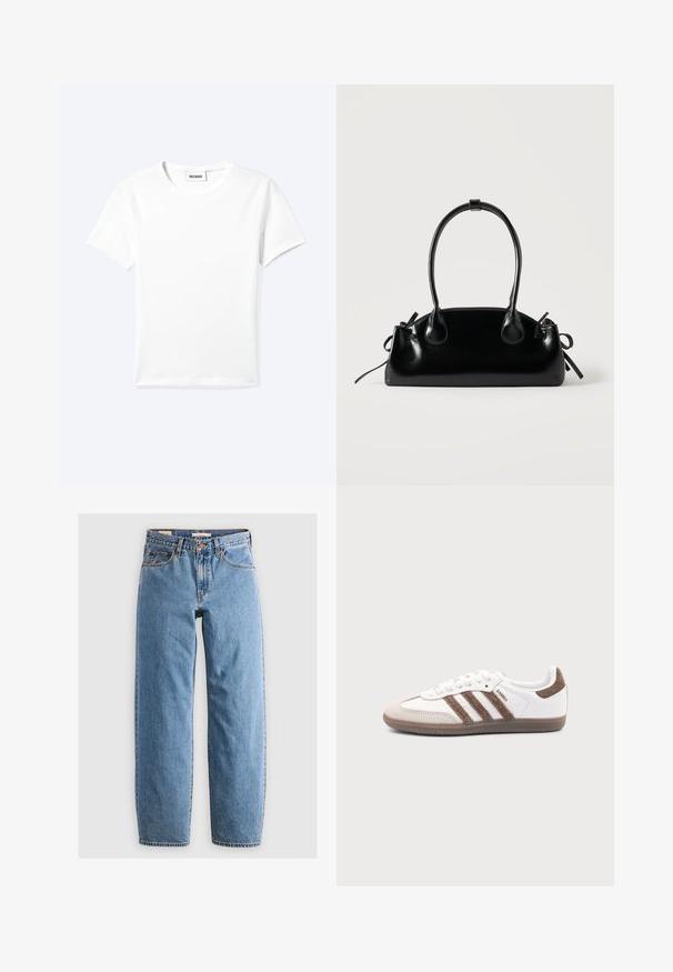 T-shirt blanc uni à manches courtes et col rond avec une petite étiquette "WEEKDAY" à l'intérieur de l'encolure, présenté à plat sur un fond clair.; Jean en denim bleu clair avec une coupe droite, cinq poches, une fermeture éclair et une texture légèrement délavée. Style classique avec peu de matériel.; Baskets Adidas Samba blanches avec des bandes en daim marron, semelle en caoutchouc marron et bout en daim beige, vues du côté extérieur sur un fond uni.; Petit sac à main noir brillant avec deux longues anses et des détails à cordon sur les côtés sur un fond clair uni.