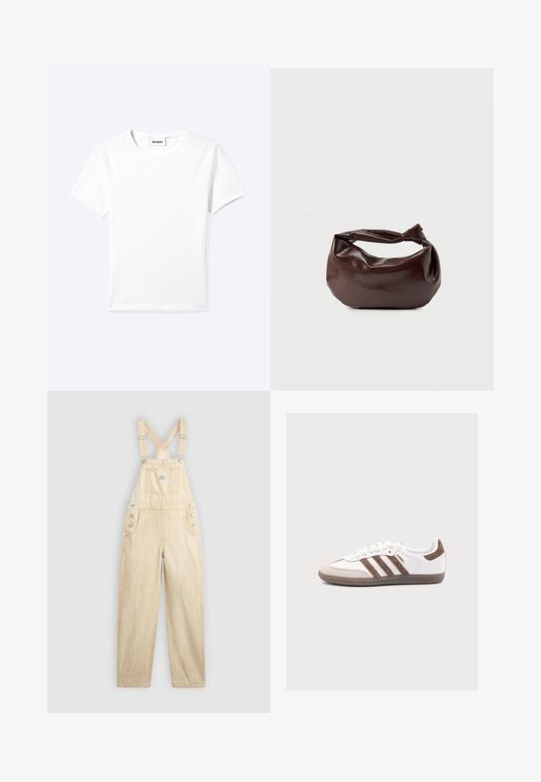 Effen wit T-shirt met korte mouwen en ronde hals met een klein "WEEKDAY" label aan de binnenkant van de hals, plat neergelegd op een lichte achtergrond.; Lichtbeige overall van denim, met een vierkante zak, verstelbare banden, drukknoopsluitingen aan de zijkant en een wijde pijp.; Witte Adidas Samba sneaker met bruine suède strepen en hieltab, beige neuskap en gum rubberen zool op effen achtergrond.; Donkerbruine leren schoudertas met een zachte, slungelige vorm en een gedraaide knoopvormige handgreep op een effen witte achtergrond.