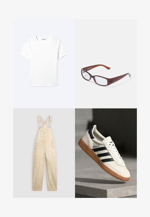 Camiseta blanca lisa de manga corta con cuello redondo y una pequeña etiqueta "WEEKDAY" dentro del cuello, mostrada extendida sobre un fondo claro.; Overol de mezclilla en un tono beige claro, con un bolsillo cuadrado, tirantes ajustables, botones de presión en el lateral y corte de pierna ancha.; Zapatilla de ante blanca con franjas en azul marino, suela de goma, parte superior texturizada, puntera redonda y cordones; presenta una marca en el lateral y en la lengüeta.; Gafas rectangulares con tintado marrón y acabado brillante, con varillas delgadas y lentes transparentes. Logo visible en la patilla izquierda.