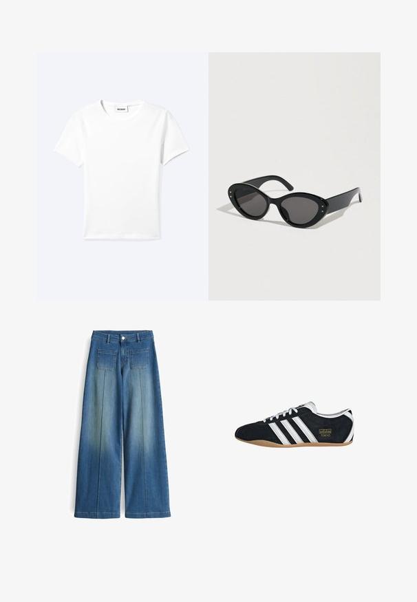 Effen wit T-shirt met korte mouwen en ronde hals met een klein "WEEKDAY" label aan de binnenkant van de hals, plat neergelegd op een lichte achtergrond.; Brede jeans in blauwe denim met een vervaagde wassing, twee achterzakken en een gladde afwerking. Voorzien van een klassieke knoop- en rits-sluiting.; Zwarte suède sneaker met witte drie strepen, gouden logo en een bruine rubberen zool. Heeft een laag profiel vetersluiting ontwerp.; Zwarte zonnebril met een oversized kattenoogvorm. Gladde plastic monturen met donkere lenzen en kleine steraccenten aan de zijkanten.