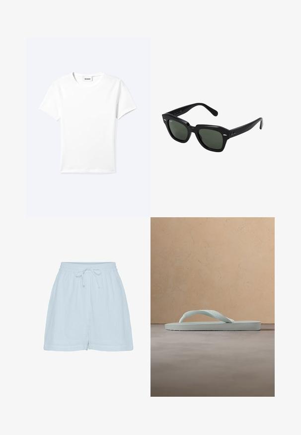 Effen wit T-shirt met korte mouwen en ronde hals met een klein "WEEKDAY" label aan de binnenkant van de hals, plat neergelegd op een lichte achtergrond.; Lichtblauwe katoenen shorts met een relaxte pasvorm, elastische tailleband en verstelbaar trekkoord. Beschikt over een zachte, gestructureerde stof en zijnaad.; Enkele lichtbeige rubberen teenslipper met een getextureerd voetbed en Y-vormige band op een effen grijze achtergrond.; Zwarte vierkante zonnebril met donker groene lenzen, uitgerust met gedurfde monturen en zilveren accenten aan de zijkanten. Gemaakt in Italië.