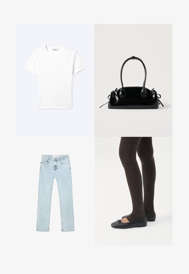T-shirt blanc uni à manches courtes et col rond avec une petite étiquette "WEEKDAY" à l'intérieur de l'encolure, présenté à plat sur un fond clair.; Jean droit bleu clair en denim. Comprend des poches avant, une fermeture éclair avec un bouton, et des coutures visibles le long des coutures.; Jambes portant des leggings côtelés foncés associés à des ballerines noires avec de petits détails en nœud sur fond blanc.; Petit sac à main noir brillant avec deux longues anses et des détails à cordon sur les côtés sur un fond clair uni.