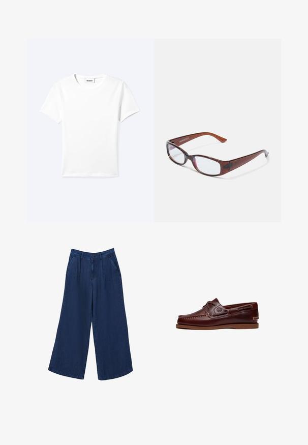 T-shirt blanc uni à manches courtes et col rond avec une petite étiquette "WEEKDAY" à l'intérieur de l'encolure, présenté à plat sur un fond clair.; Pantalons en denim à jambes larges de couleur bleu foncé. Comprend deux poches avant, une fermeture à bouton et une texture lisse en tissu léger.; Chaussure bateau en cuir marron avec lacets, détails de couture et logo Timberland sur le côté, présentée sur un fond blanc.; Lunettes rectangulaires teintées de brun avec une finition brillante, dotées de branches fines et de verres transparents. Logo visible sur la branche gauche.