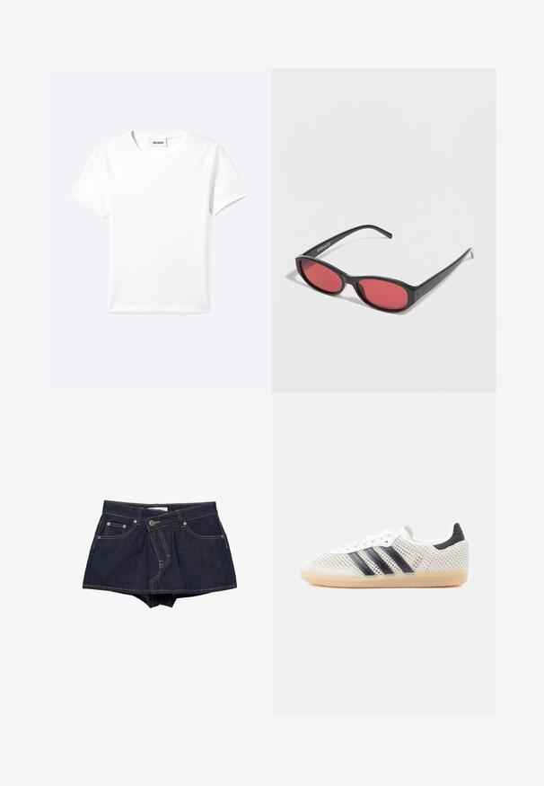 T-shirt blanc uni à manches courtes et col rond avec une petite étiquette "WEEKDAY" à l'intérieur de l'encolure, présenté à plat sur un fond clair.; Mini-jupe en denim bleu foncé avec poches avant, passants de ceinture et surpiqûres jaunes visibles sur fond blanc.; Baskets en maille blanche avec un design à trois bandes noires, bout arrondi et semelle en caoutchouc gomme. Dotées d'un col de talon souple et d'une fermeture à lacets.; Lunettes de soleil ovales noires avec des branches fines et des verres teintés rouges posées sur une surface blanche.