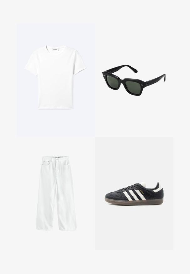 Effen wit T-shirt met korte mouwen en ronde hals met een klein "WEEKDAY" label aan de binnenkant van de hals, plat neergelegd op een lichte achtergrond.; Witte denim broek met brede pijpen, een hoge taille, twee voorzakken en subtiele goudkleurige accenten. Soepele textuur, casual ontwerp.; Zwarte Adidas Samba sneaker met witte strepen, gumzool en gouden "Samba" tekst aan de zijkant, gezien van links op een effen achtergrond.; Zwarte vierkante zonnebril met donker groene lenzen, uitgerust met gedurfde monturen en zilveren accenten aan de zijkanten. Gemaakt in Italië.