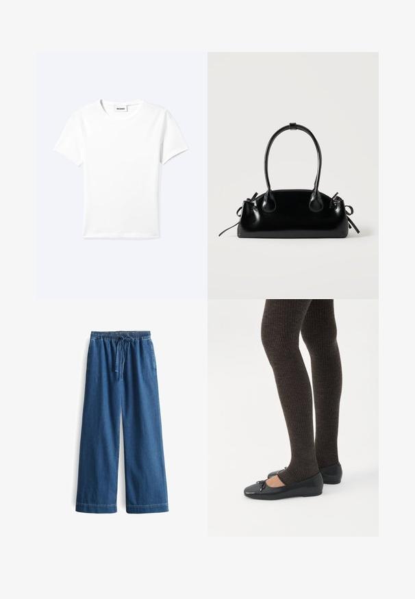 Einfaches weißes T-Shirt mit kurzen Ärmeln und Rundhalsausschnitt sowie kleinem "WEEKDAY"-Etikett im Nacken, flach auf einem hellen Hintergrund präsentiert.; Helle Jeans mit weiter Beinform in Mittelblau. Mit einem elastischen Bund und einem Kordelzug ausgestattet und in einem schlichten Design mit glatter Textur.; Beine in dunklen, gerippten Leggings kombiniert mit schwarzen Ballerinas mit kleinen Schleifendetails auf weißem Hintergrund.; Kleine schwarze glänzende Handtasche mit zwei langen Griffen und seitlichen Kordelzug-Details vor einfachem hellem Hintergrund.