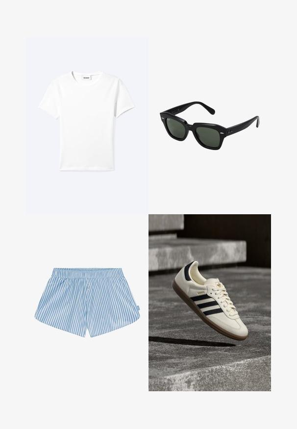 T-shirt blanc uni à manches courtes et col rond avec une petite étiquette "WEEKDAY" à l'intérieur de l'encolure, présenté à plat sur un fond clair.; Shorts rayés bleu et blanc avec une taille élastique, deux boutons sur le devant et une coupe décontractée. Le tissu semble lisse avec une texture légère.; Baskets blanches Adidas Samba avec des bandes noires et une semelle en gomme, flottant au-dessus de marches en béton gris texturé.; Lunettes de soleil carrées noires avec des verres vert foncé, présentant des montures audacieuses et des accents argentés sur les côtés. Fabriquées en Italie.